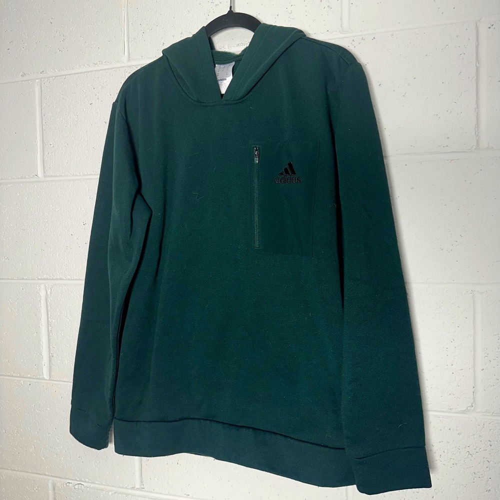Adidas Mens Forest Green Pullover Hoodie Zip Chest Pocket Size Medium